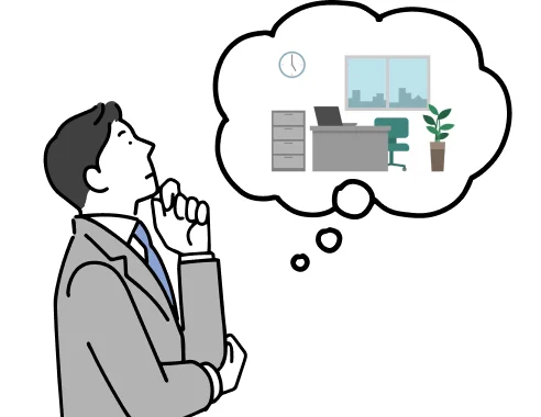 新しい働き方のオフィスを想像する人のイラスト