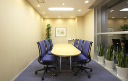 ブルーのチェアがアクセント、木の温もりと明るさが調和する会議室