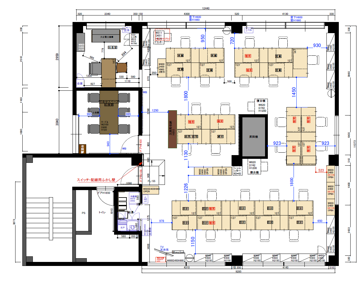 オフィスリフォームのフロア全体のレイアウト図