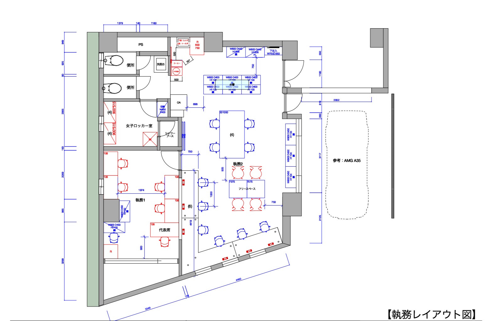 参考になるオフィスレイアウト図面事例②：固定席＋フリースペース併用型